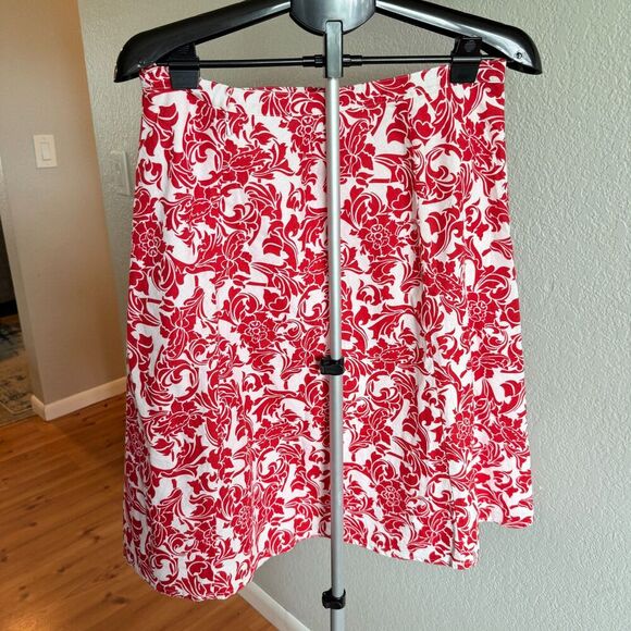 Spiegel Linen Cotton Blend Floral Scroll Paisley Red and White A-Line Skirt 12 - Picture 2 of 3